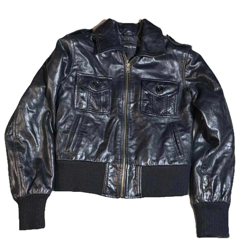 Superior NY Womens Genuine Leather Bomber‎ Jacket M Black Cropped Zip Y2K